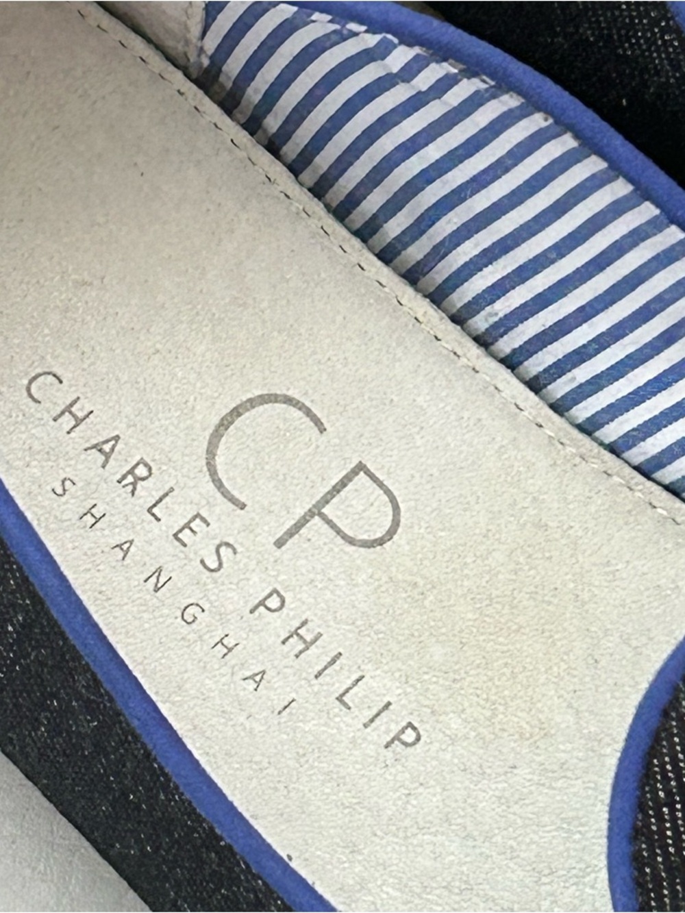 Charles Philip Shanghai Black Denim Loafers with Blue Piping Shoes Flats Sz 9.5 - Picture 3 of 8